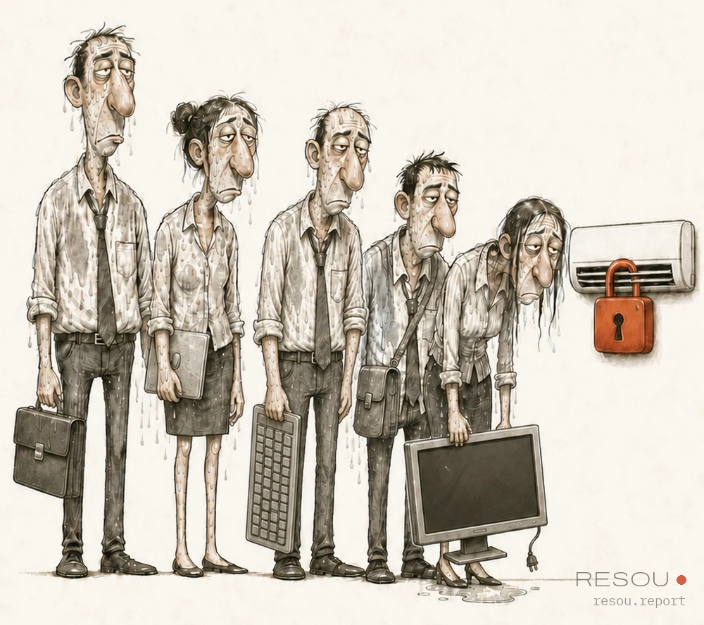 Editorial cartoon: five office workers sweating through their shirts beside an air conditioner sealed with a red padlock